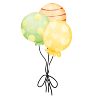 Colorful balloons celebrate in various waysfloating in the sky, tied to trees, and arranged in bouquets, watercolor isolated png