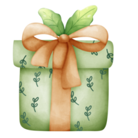 A festively wrapped gift box tied with a ribbon and bow watercolor png