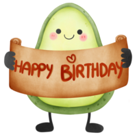 Cute avocado character holding birhtday invitation banner watercolor isolated png