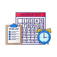 calendario, alarma reloj hora con a hacer lista ilustración vector