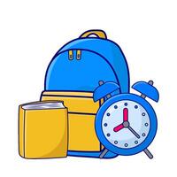 backpack school, alarm clock time with book illustration vector