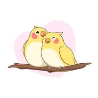 A pair of corella parrots sitting on a tree branch and hugging on a heart background. Cute birds illustration, cartoon style drawing vector