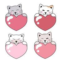 Cats, kittens holding hearts. Simple cute vector drawing, love illustration