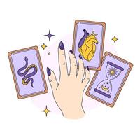 Woman hand over tarot cards. Esoteric, magic, witchcraft, astrology illustration. Fortune telling, divination, mystic drawing vector