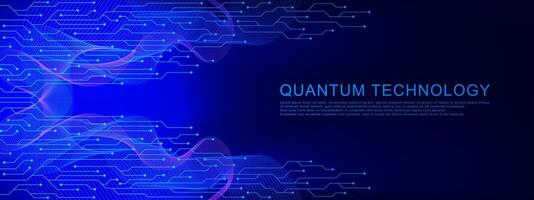 Quantum computer technology with modern circuit board texture and wave flow. Abstract futuristic blue electronic circuit board on dark blue background. Vector illustration.