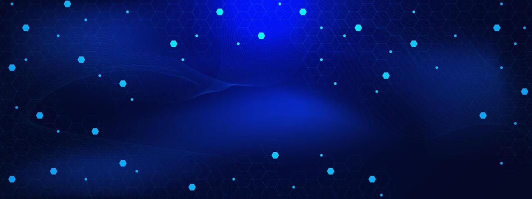 Abstract hexagons pattern with glowing dots and wave flow. Big data visualization. Modern futuristic for science and technology concept on dark blue background.