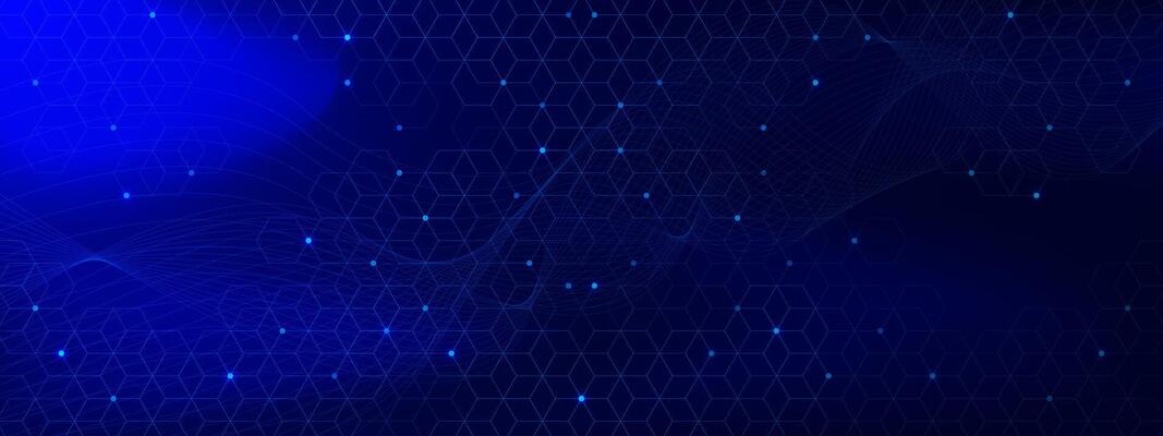 Abstract glowing blue hexagons with connecting dots and lines and wave flow. Geometric hexagons pattern for technology and science concept background. Vector illustration.