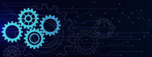 Futuristic gear wheel with wave flow, connecting dots and lines. Digital engineering, network connection and telecoms concept background. Vector illustration.