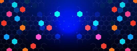 Abstract geometric with colorful hexagons pattern and connecting the dots lines on dark blue background. Medical, science and technology concept design. Vector illustration.