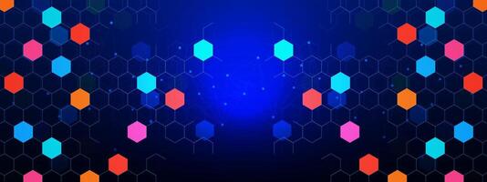 Abstract geometric with colorful hexagons pattern and connecting the dots lines on dark blue background. Medical, science and technology concept design. Vector illustration.