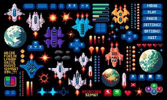 8bit arcade space pixel game asset, invaders set vector