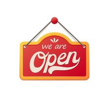 Open shop notice signboard, red hanging banner vector