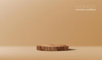 Round wooden podium, empty stage 3d vector mockup