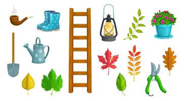 Gnome farming and gardening tools, and plants vector