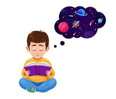 chico leyendo libro y soñando acerca de galaxia espacio vector