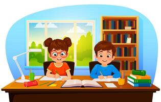 Cartoon boy and girl making homework, writing vector