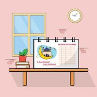 Ramadán calendario en un estante junto a un ventana vector ilustración