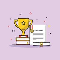 Certificate with Trophy and Books Vector Illustration. Academic Achievement Concept Design