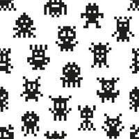 Pixel monsters, arcade game seamless pattern vector