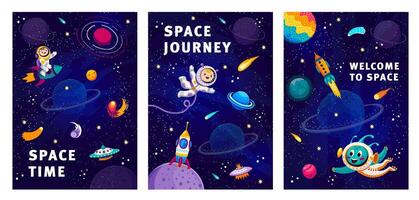 Cartoon space posters with kid astronaut, rocket vector