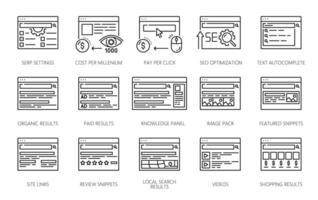 SERP icons. Search engine result page symbols vector