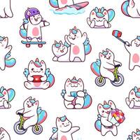 Cartoon caticorn cat and kitten seamless pattern vector