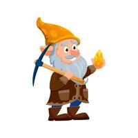 Cartoon gnome miner with gold nugget and pickaxe vector