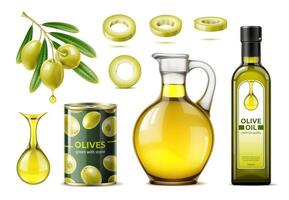 Green olives with realistic jar, can, oil bottle vector