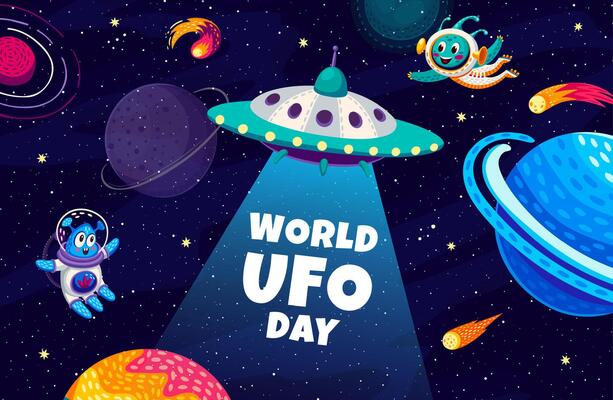 World UFO day banner with funny aliens saucer