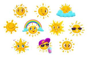 Cartoon summer and weather sun characters faces vector