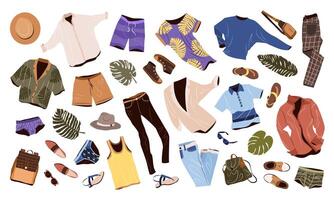 Clothes set in casual style for men. Fashion trendy clothing, accessories, shoes, hats for spring, summer and vacation. isolated flat vector illustrations on white background.