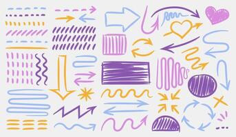 Highlight grunge brush lines, shapes, elements. Big set of hand drawn isolated vector objects on white background. Multicolored doodle strokes. Acid highlighters marker stripes, underlines for any use