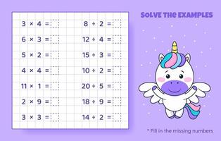 Solve the examples. Multiplication and division up to 20. Mathematical puzzle game. Worksheet for preschool kids. Vector illustration. Cartoon educational game with cute unicorn for children.