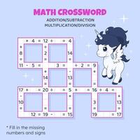 Math Crossword puzzle for children. Addition, subtraction, multiplication and division. Counting up to 20. Vector illustration. Game with cartoon cute unicorn. Task, education material for kids.