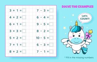 Solve the examples. Addition and subtraction up to 10. Mathematical puzzle game. Worksheet for school, preschool kids. Vector illustration. Cartoon educational game with cute unicorn for children.