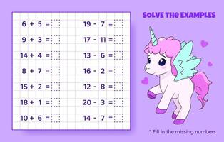 Solve the examples. Addition and subtraction up to 20. Mathematical puzzle game. Worksheet for school, preschool kids. Vector illustration. Cartoon educational game with cute unicorn for children.