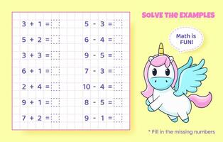 Solve the examples. Addition and subtraction up to 10. Mathematical puzzle game. Worksheet for school, preschool kids. Vector illustration. Cartoon educational game with cute unicorn for children.