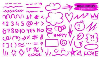 Highlight brush lines, shapes, elements, symbols. Big set of hand draw isolated vector objects on white background. Neon pink doodle strokes. Acid highlighters marker stripes, underlines for any use.