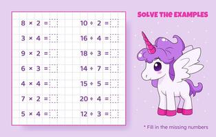 Solve the examples. Multiplication and division up to 20. Mathematical puzzle game. Worksheet for preschool kids. Vector illustration. Cartoon educational game with cute unicorn for children.