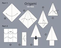 Fir origami scheme tutorial moving model. Origami for kids. Step by step how to make a cute origami fir-tree. Vector illustration.