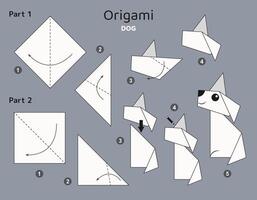 Dog origami scheme tutorial moving model. Origami for kids. Step by step how to make a cute origami puppy. Vector illustration.