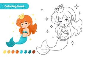 colorante libro para niños. hoja de cálculo para dibujo con dibujos animados sirena. linda mágico criatura con corona y estrellas. colorante página con color paleta para niños. vector ilustración.