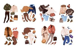 Outfits set in casual style for men. Fashion clothing, accessories, shoes for fall and winter. isolated flat vector illustrations on white background.