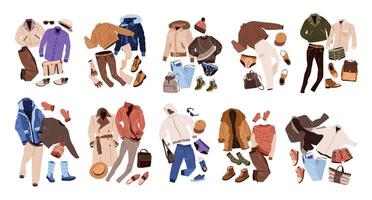 Outfits set in casual style for men. Fashion clothing, accessories, shoes for fall and winter. isolated flat vector illustrations on white background.