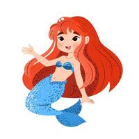 linda dibujos animados pequeño sirena. vector ilustración en plano estilo. gráfico diseño para niños, fondos de pantalla, carteles, saludo tarjetas, huellas dactilares. mágico criatura.