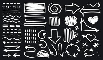 Set of hand drawn highlight brush lines, shapes, elements. isolated grunge vector symbols on black background. Doodle white strokes of marker. Highlighters marker stripes, underlines for any use.