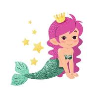 linda dibujos animados pequeño sirena. vector ilustración en plano estilo. gráfico diseño para niños, fondos de pantalla, carteles, saludo tarjetas, huellas dactilares. mágico criatura.