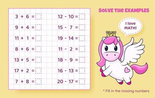 Solve the examples. Addition and subtraction up to 20. Mathematical puzzle game. Worksheet for school, preschool kids. Vector illustration. Cartoon educational game with cute pony for children.