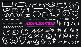 Set of hand drawn highlight brush lines, shapes, elements. isolated grunge vector symbols on black background. Doodle white strokes of marker. Acid highlighters marker stripes, underlines for any use.