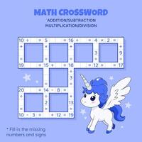 matemáticas crucigrama rompecabezas para niños. suma, sustracción, multiplicación y división. contando arriba a 20 vector ilustración. juego con dibujos animados linda unicornio. tarea, educación material para niños.